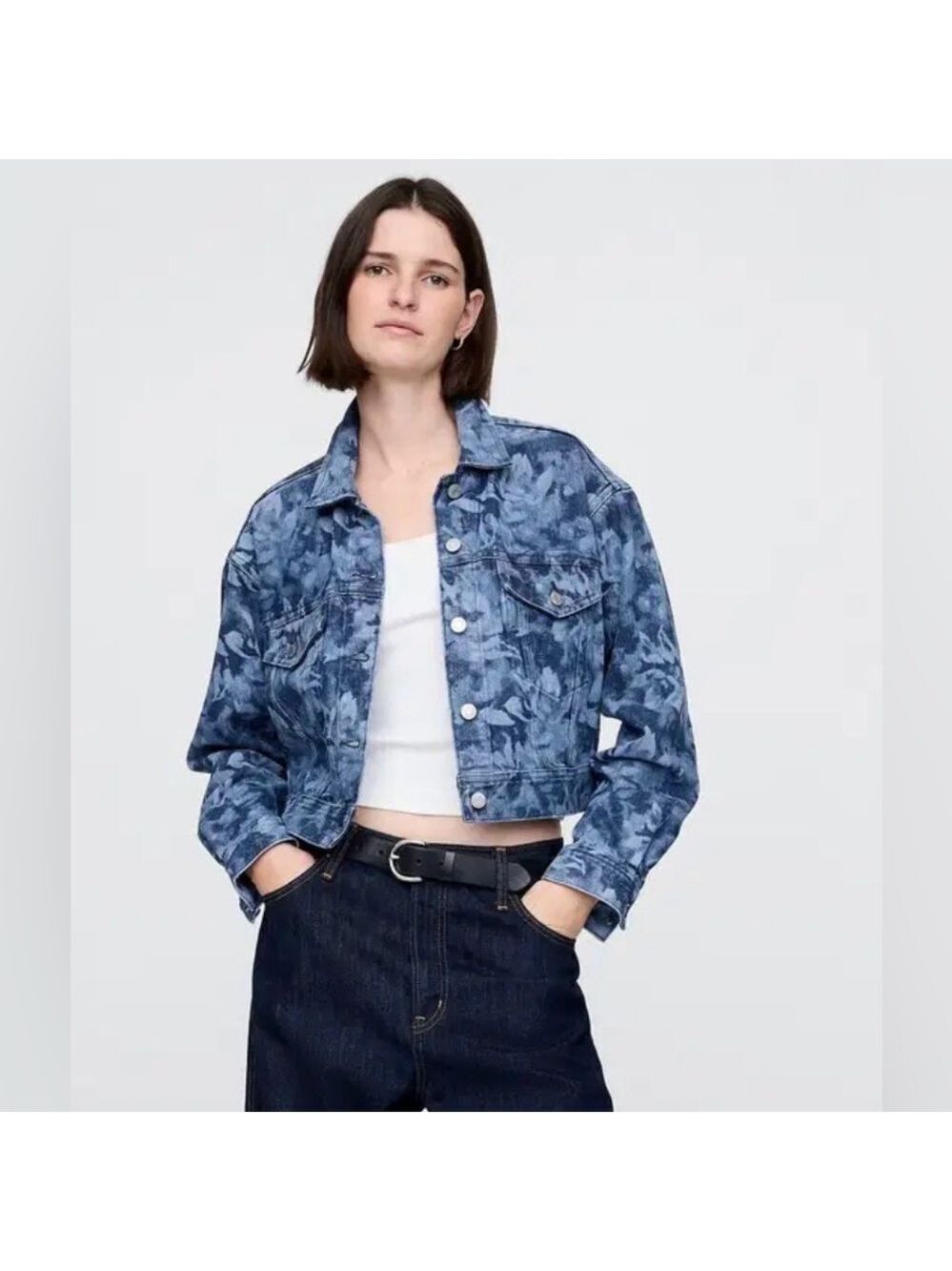 Gap UltraSoft Denim Floral Print Cropped Icon Jacket Coat BoHo XS NWOT